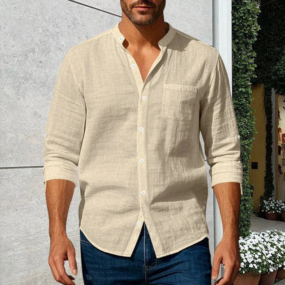 Men's Linen-Blend Stand Collar Shirt