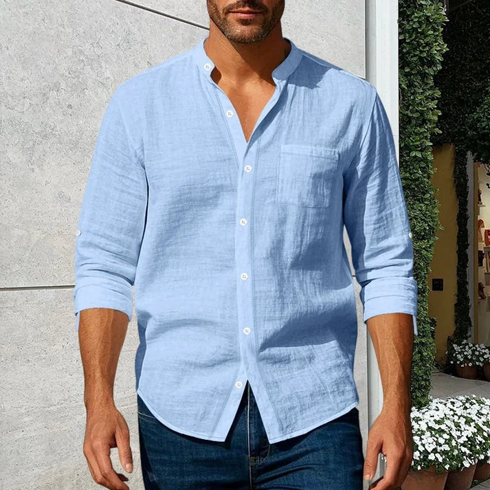 Men's Linen-Blend Stand Collar Shirt