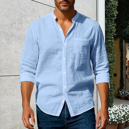 Men's Linen-Blend Stand Collar Shirt