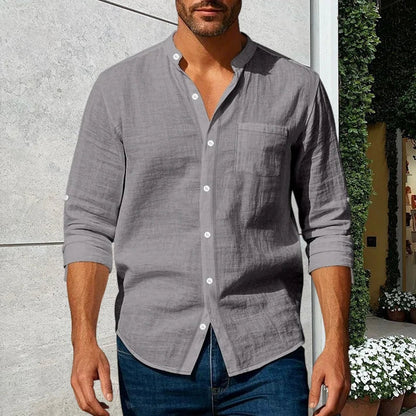Men's Linen-Blend Stand Collar Shirt