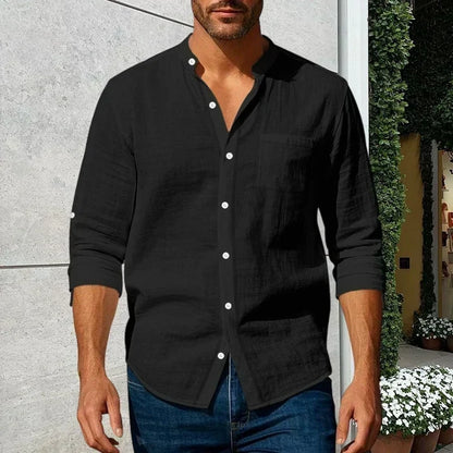 Men's Linen-Blend Stand Collar Shirt