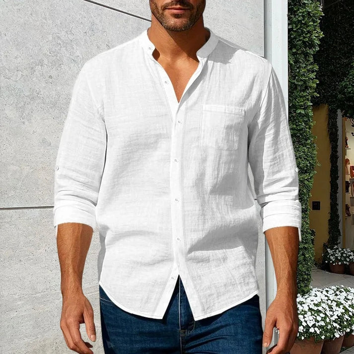 Men's Linen-Blend Stand Collar Shirt