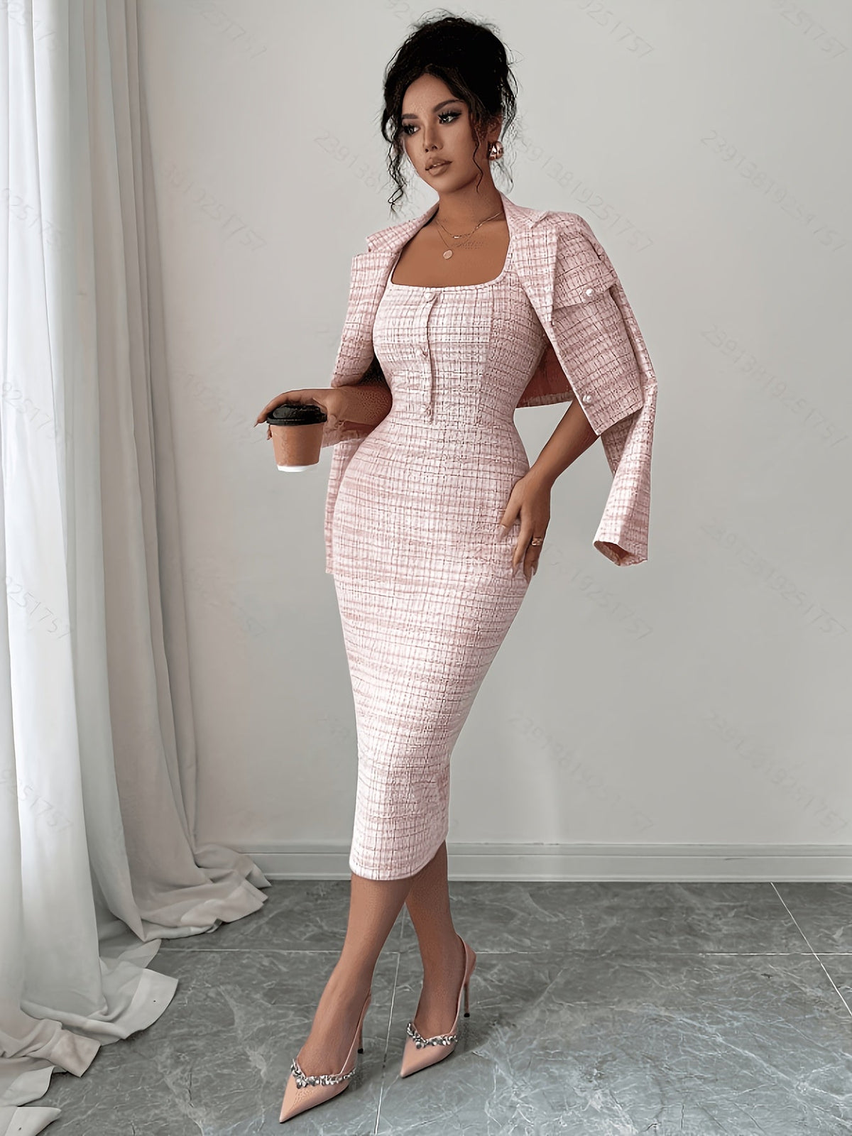 Women's Plaid Tweed Blazer & Midi Dress Set