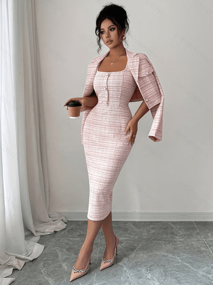 Women's Plaid Tweed Blazer & Midi Dress Set