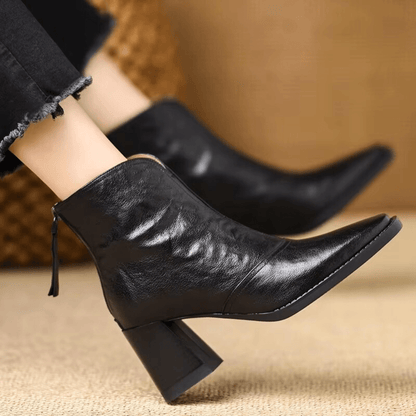 Women's Leather Block Heel Ankle Boots