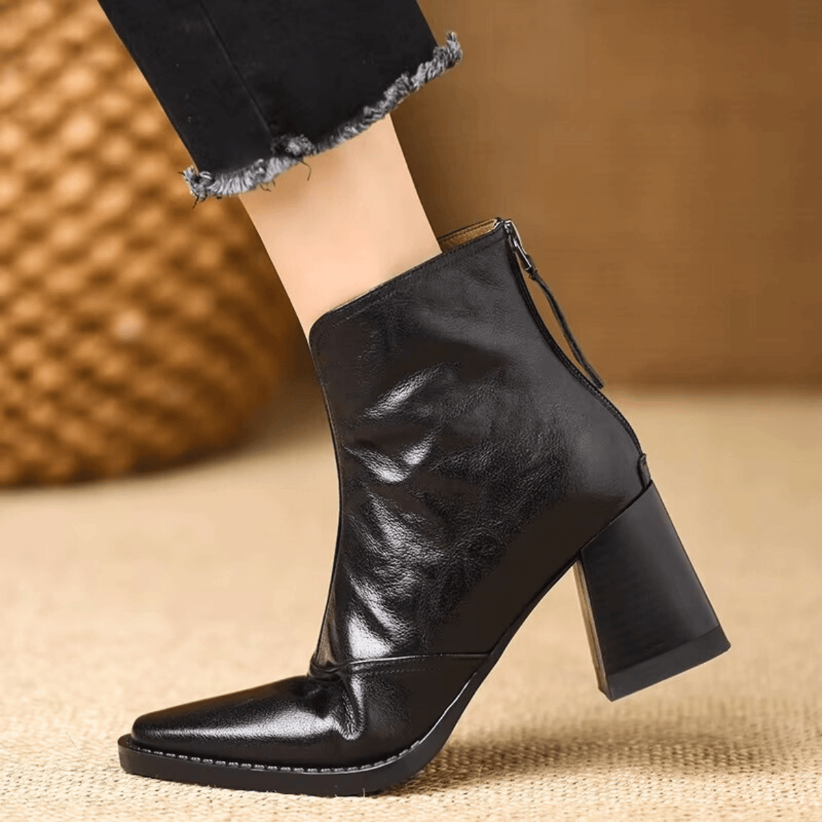 Women's Leather Block Heel Ankle Boots