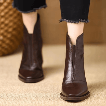 Women's Leather Block Heel Ankle Boots