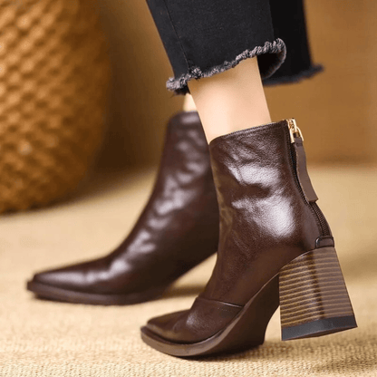 Women's Leather Block Heel Ankle Boots