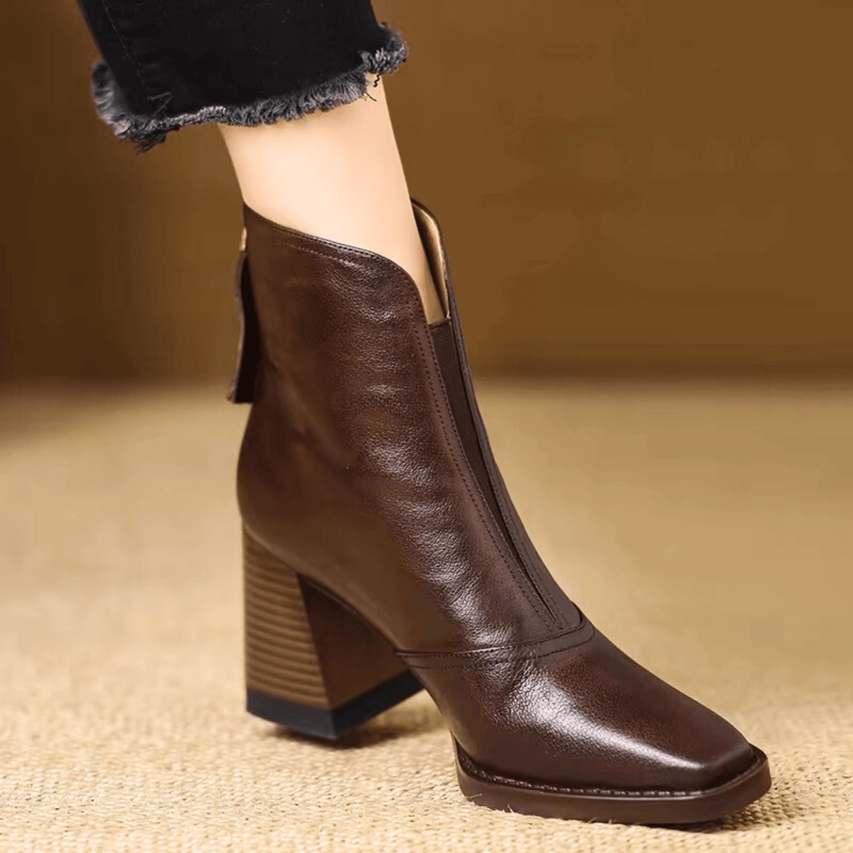 Women's Leather Block Heel Ankle Boots