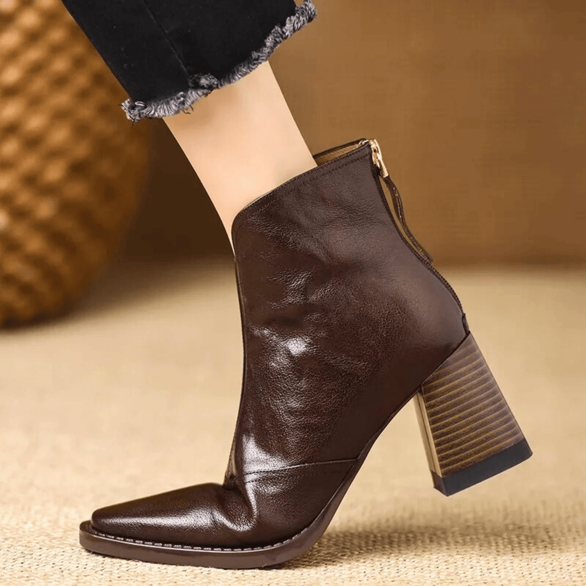 Women's Leather Block Heel Ankle Boots