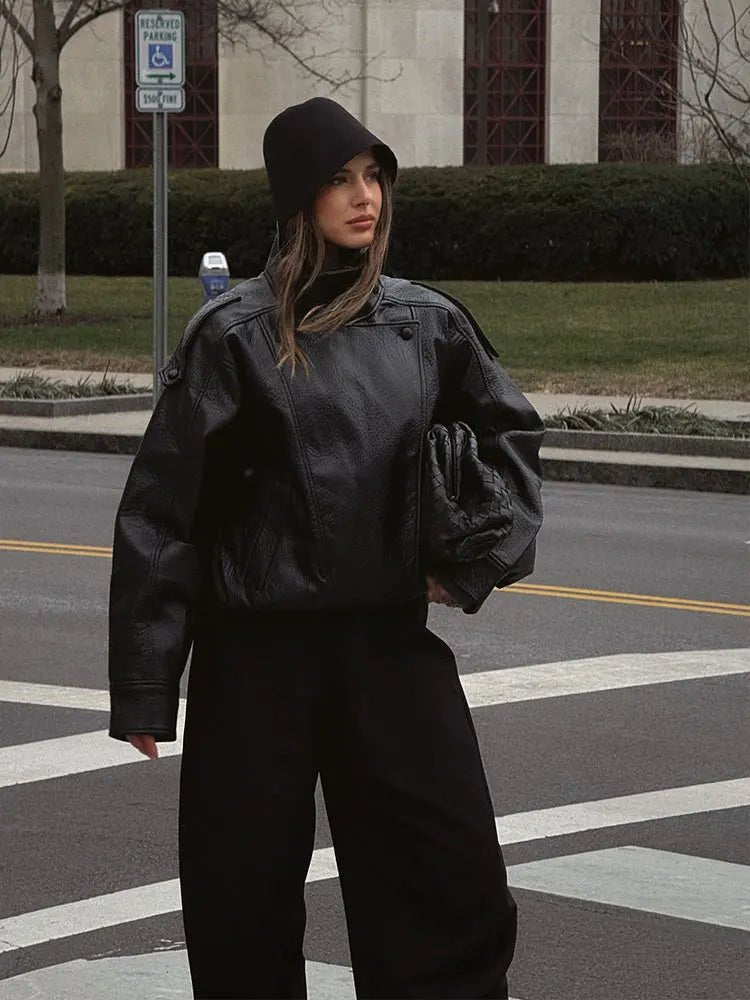 Women's Vegan Leather Stand Collar Jacket