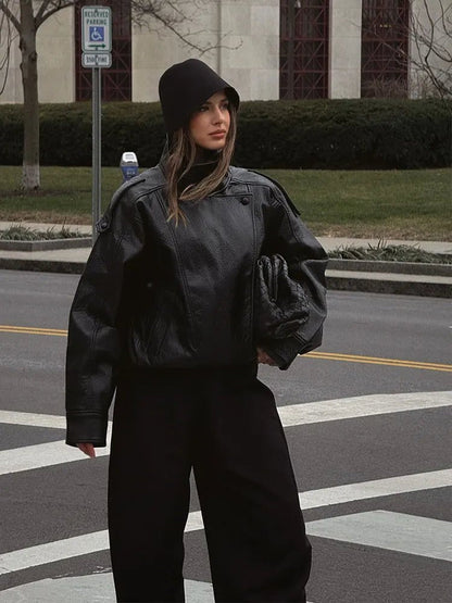 Women's Vegan Leather Stand Collar Jacket