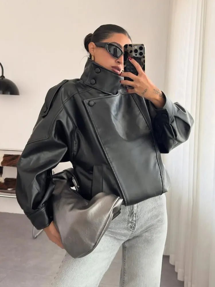 Women's Vegan Leather Stand Collar Jacket