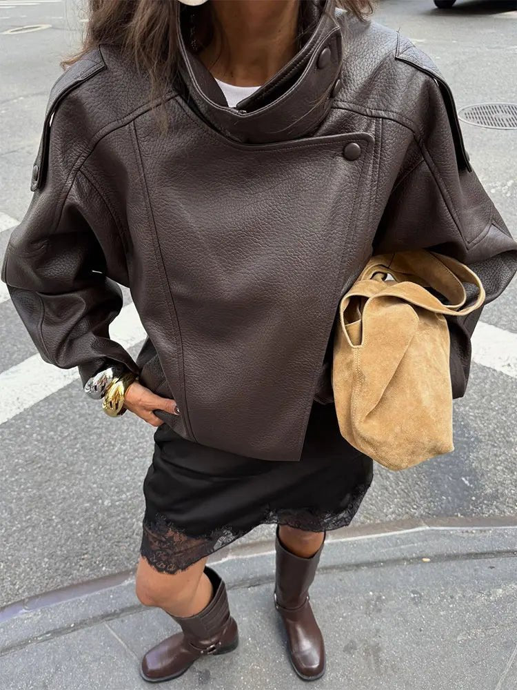 Women's Vegan Leather Stand Collar Jacket