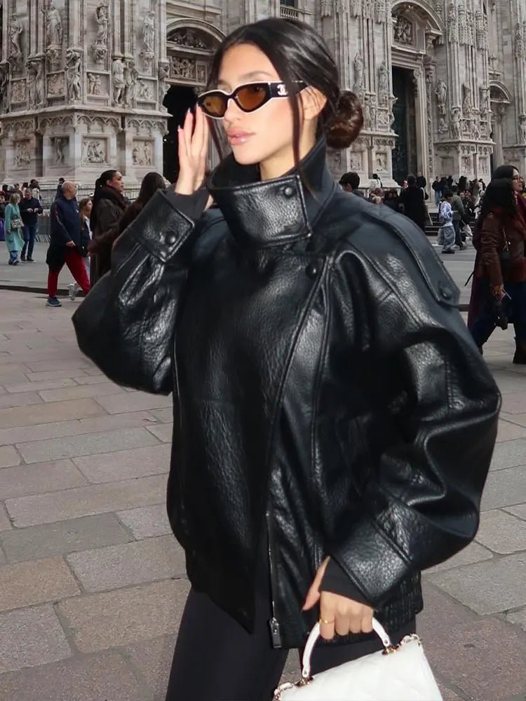 Women's Vegan Leather Stand Collar Jacket
