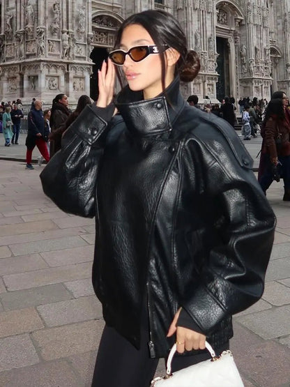 Women's Vegan Leather Stand Collar Jacket